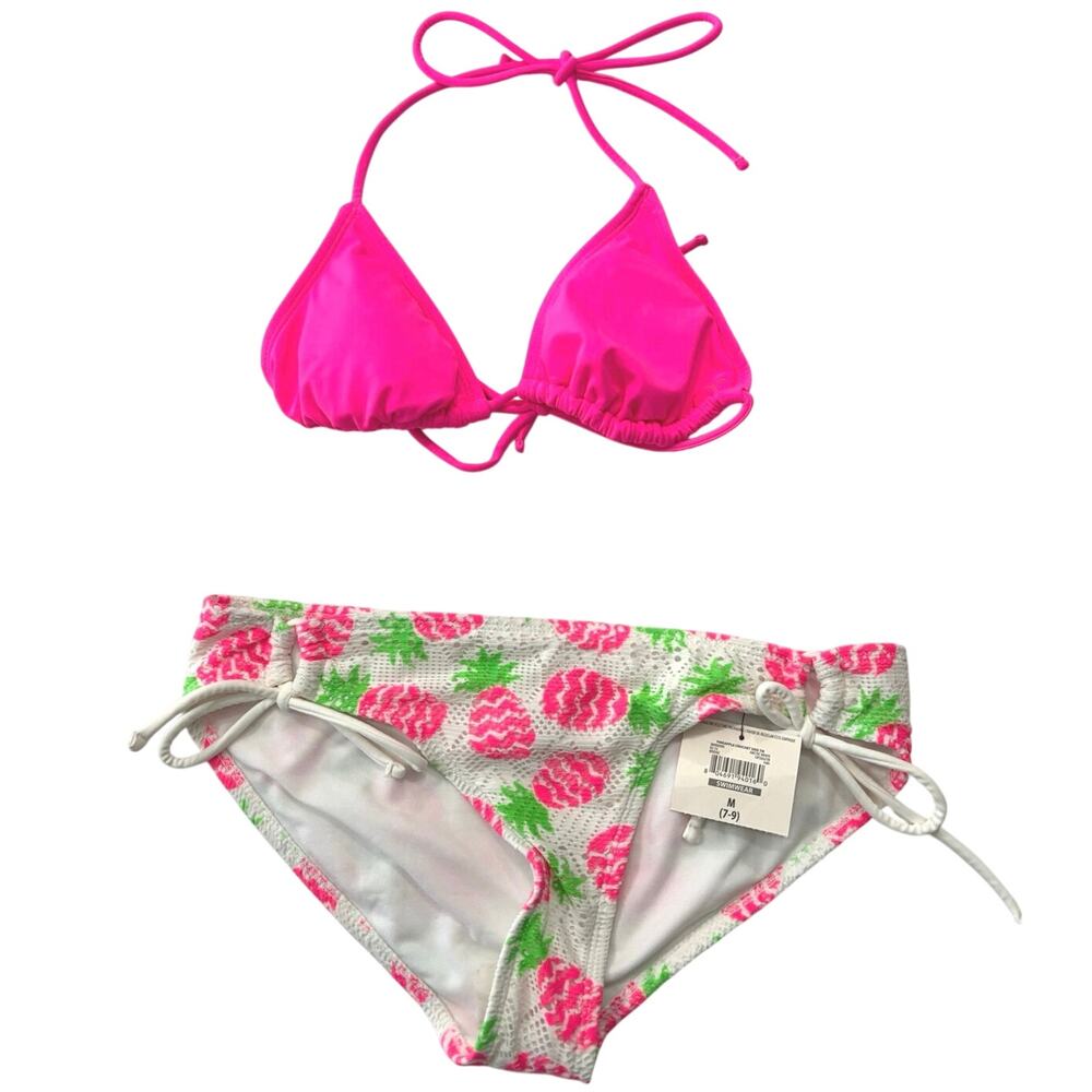 NWT O.P pineapple crochet bikini set sz 7/9 swimming pink/wht barbiecore beach